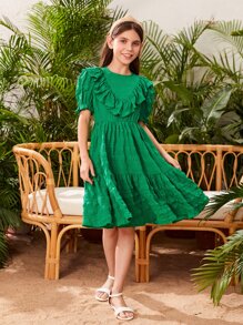 SHEIN Girls Ruffle Trim Puff Sleeve Dress - Green - View 7