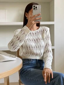 DAZY Blusa de punto calado transparente, ropa de otoño para mujer - Beis - Ver 1