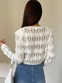 DAZY Blusa de punto calado transparente, ropa de otoño para mujer - Beis - Ver 2