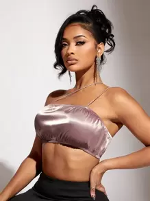 SHEIN SXY One Shoulder Satin Crop Top - Dusty Pink - View 1