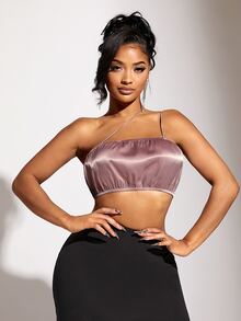 SHEIN SXY One Shoulder Satin Crop Top - Dusty Pink - View 4
