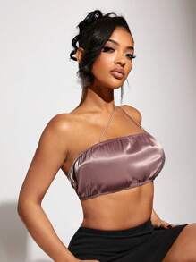 SHEIN SXY One Shoulder Satin Crop Top - Dusty Pink - View 5