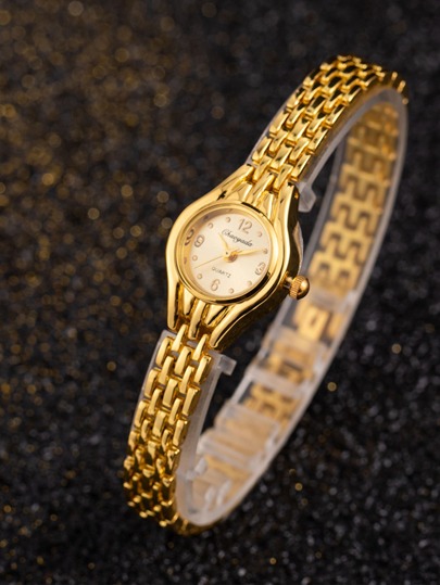 1pc Women Gold Zinc Alloy Strap Business Round Dial Quartz Watch, For Daily Life