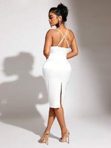 SHEIN SXY cổ áo xếp nếp Crisscross Backless Váy liền áo - trắng - Xem 2