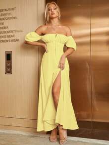 PARTHEA Off Shoulder Tie Front Split Thigh Dress - Yellow - View 4