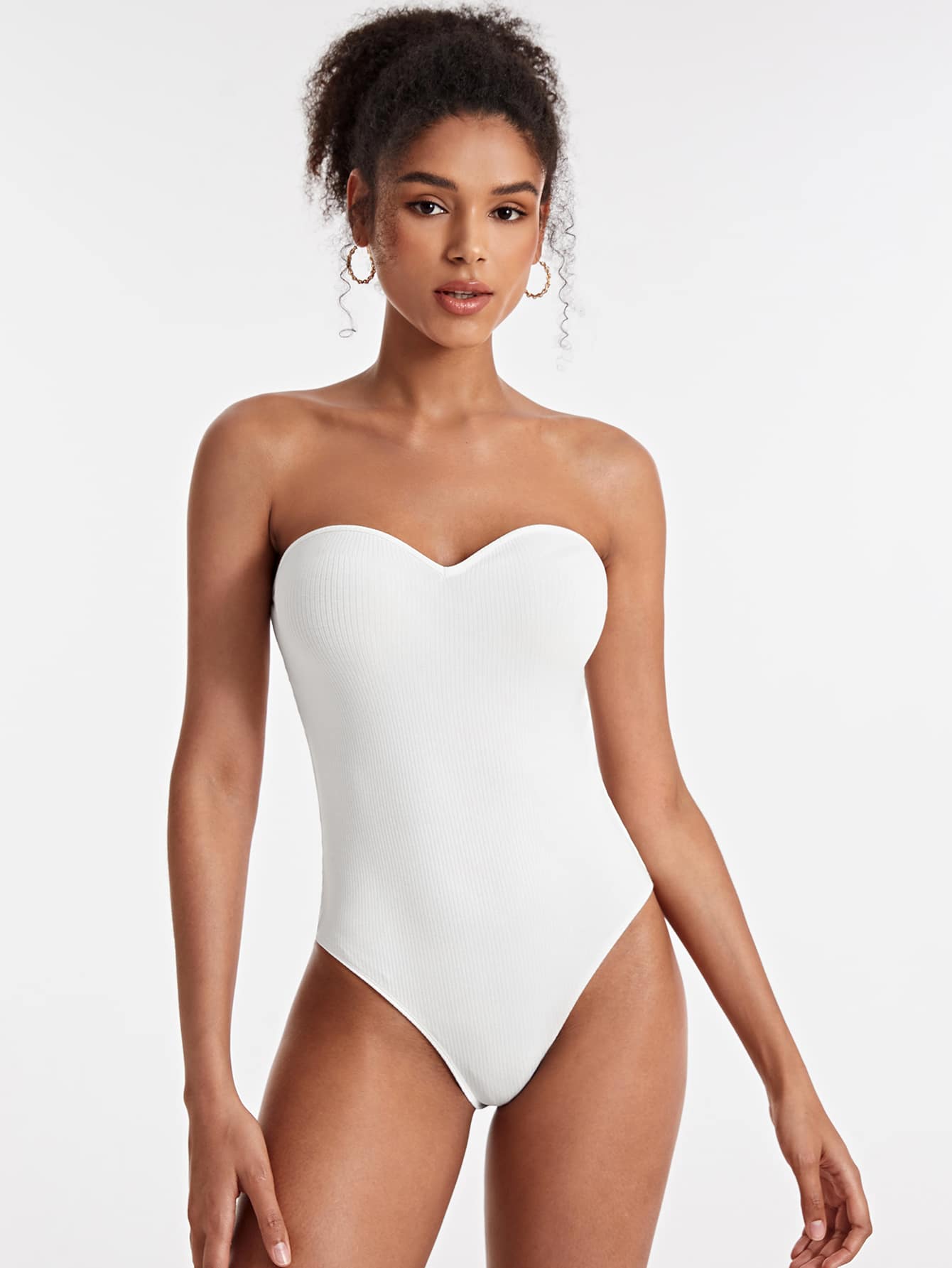 SHEIN BASICS Solid Ribbed Knit Tube Bodysuit - White - View 1
