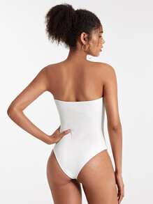 SHEIN BASICS Solid Ribbed Knit Tube Bodysuit - White - View 2