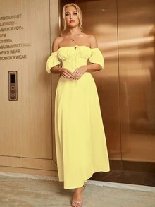 PARTHEA Off Shoulder Tie Front Split Thigh Dress - Yellow - View 7