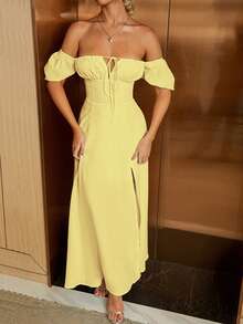 PARTHEA Off Shoulder Tie Front Split Thigh Dress - Yellow - View 8