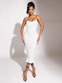 SHEIN SXY 褶邊荷葉邊網紗抹胸緊身連衣裙 - 白色 - 查看 5