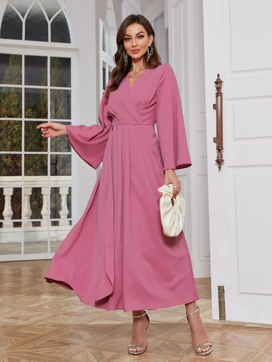 Modelyn Solid Wrap Detail Trumpet Sleeve Dress - Pink - View 1