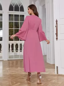 Modelyn Solid Wrap Detail Trumpet Sleeve Dress - Pink - View 2