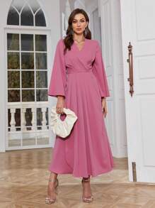 Modelyn Solid Wrap Detail Trumpet Sleeve Dress - Pink - View 3