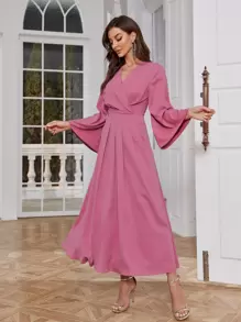 Modelyn Solid Wrap Detail Trumpet Sleeve Dress - Pink - View 4