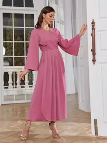 Modelyn Solid Wrap Detail Trumpet Sleeve Dress - Pink - View 5