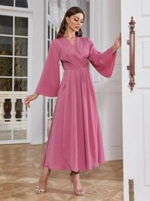 Modelyn Solid Wrap Detail Trumpet Sleeve Dress - Pink - View 6