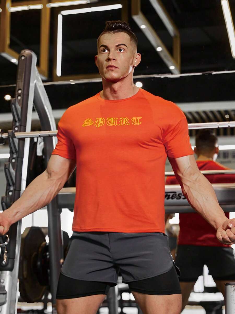 Men Letter Graphic Sports Tee - Orange - View 1