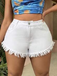 SHEIN SXY Quần short denim oversized Nút Túi Dây kéo Hem thô màu trơn - trắng - Xem 5