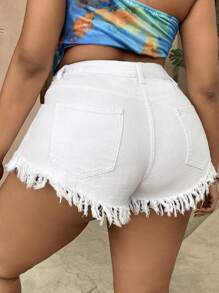 SHEIN SXY Quần short denim oversized Nút Túi Dây kéo Hem thô màu trơn - trắng - Xem 2