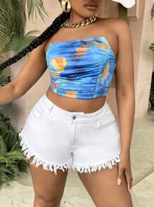 SHEIN SXY Quần short denim oversized Nút Túi Dây kéo Hem thô màu trơn - trắng - Xem 3