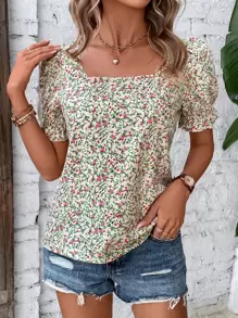 EMERY ROSE 小碎花印花方领泡泡袖衬衫、短袖上衣 - 杏色 - 查看 3