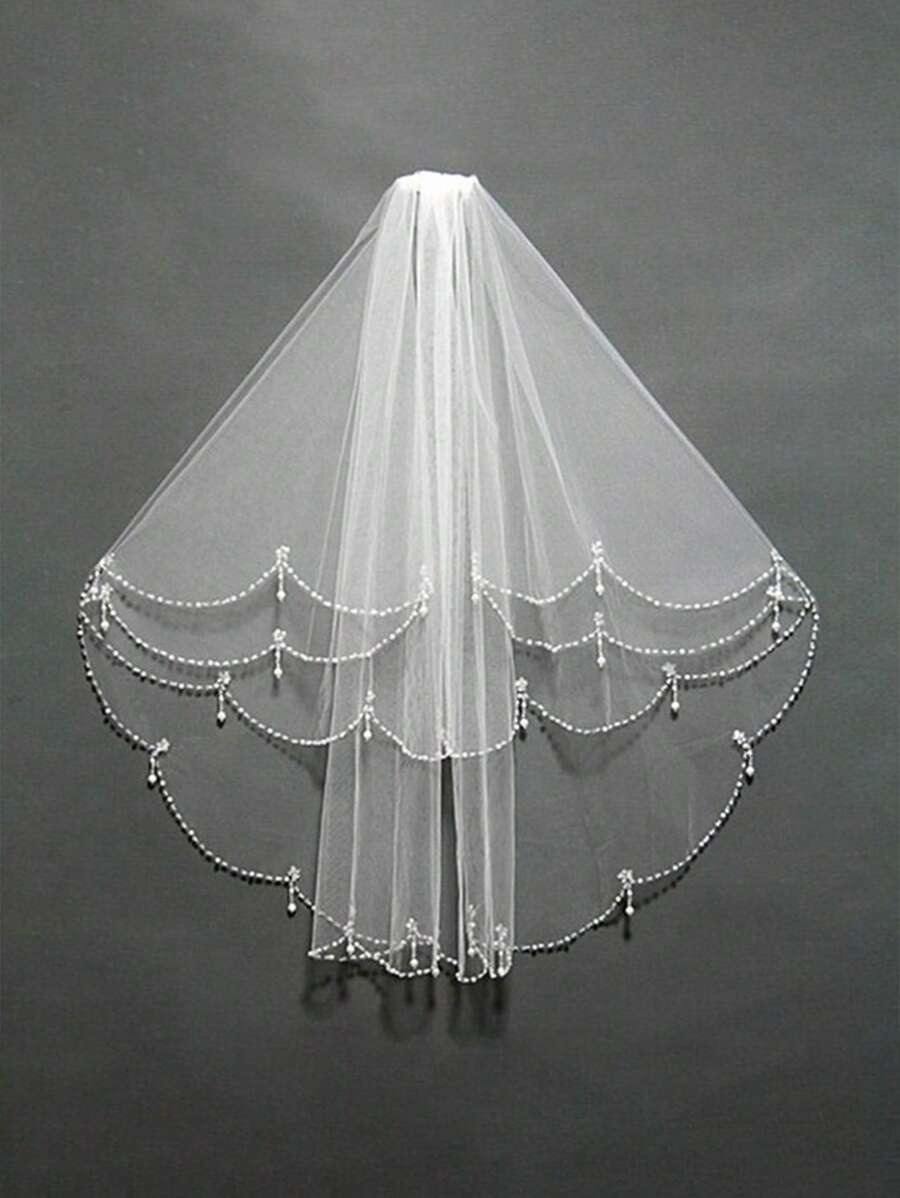 1pc Women Bead Decor Bridal Veil With Hair Comb For Wedding Party Fall Clothes For Women Valentine's Day Accessories