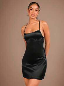 SHEIN BAE Lace Up Backless Satin Cami Dress - Black - View 3