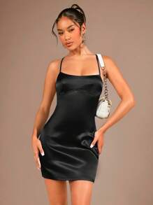 SHEIN BAE Lace Up Backless Satin Cami Dress - Black - View 5