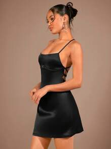 SHEIN BAE Lace Up Backless Satin Cami Dress - Black - View 6
