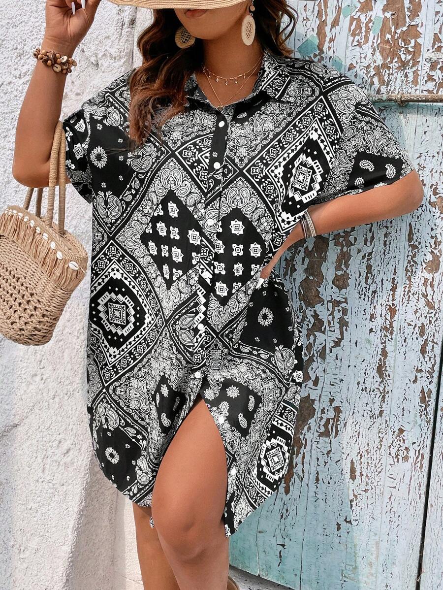 SHEIN Holidaya Đầm Plus Size Nút phía trước Paisley Boho - Đen và trắng - Xem 1
