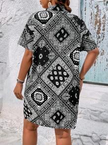 SHEIN Holidaya Đầm Plus Size Nút phía trước Paisley Boho - Đen và trắng - Xem 2