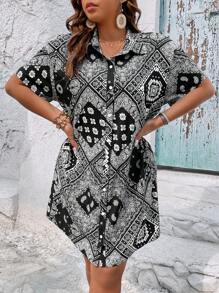 SHEIN Holidaya Đầm Plus Size Nút phía trước Paisley Boho - Đen và trắng - Xem 3