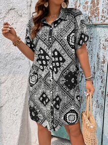 SHEIN Holidaya Đầm Plus Size Nút phía trước Paisley Boho - Đen và trắng - Xem 6