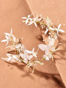蝴蝶和花朵裝飾新娘髮帶 - 白色 - 查看 1