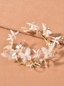 蝴蝶和花朵裝飾新娘髮帶 - 白色 - 查看 2
