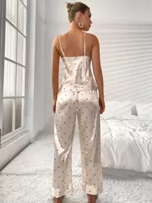 SHEIN Cherry Print Contrast Lace Satin Cami Top & Pants PJ Set / Pajama Set - Beige - View 2