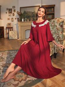 PalaceNights 对比色蕾丝荷叶边袖子分层下摆睡衣睡裙长裙 - 酒紅色 - 查看 3