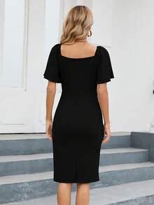 Sweetheart Neck Butterfly Sleeve Split Back Bodycon Dress - Black - View 2