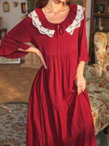 PalaceNights 对比色蕾丝荷叶边袖子分层下摆睡衣睡裙长裙 - 酒紅色 - 查看 4