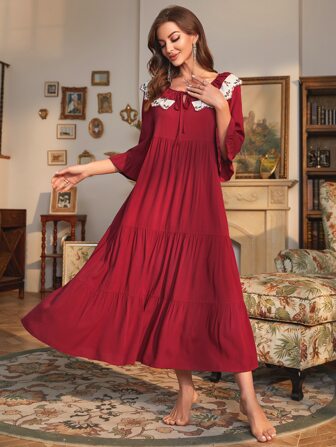 PalaceNights 对比色蕾丝荷叶边袖子分层下摆睡衣睡裙长裙