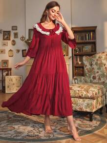 PalaceNights 对比色蕾丝荷叶边袖子分层下摆睡衣睡裙长裙 - 酒紅色 - 查看 6