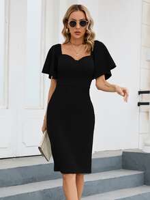 Sweetheart Neck Butterfly Sleeve Split Back Bodycon Dress - Black - View 6