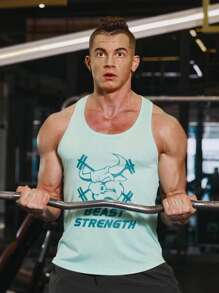 Manfinity Sport Corelite Camiseta de tirantes deportiva para hombres con diseño de personajes animados y gráficos de letras - verde menta - Ver 1