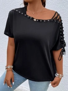 SHEIN LUNE Plus Grommet Lace Up Asymmetrical Neck Tee - Black - View 3