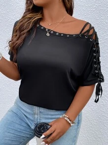 SHEIN LUNE Plus Grommet Lace Up Asymmetrical Neck Tee - Black - View 5