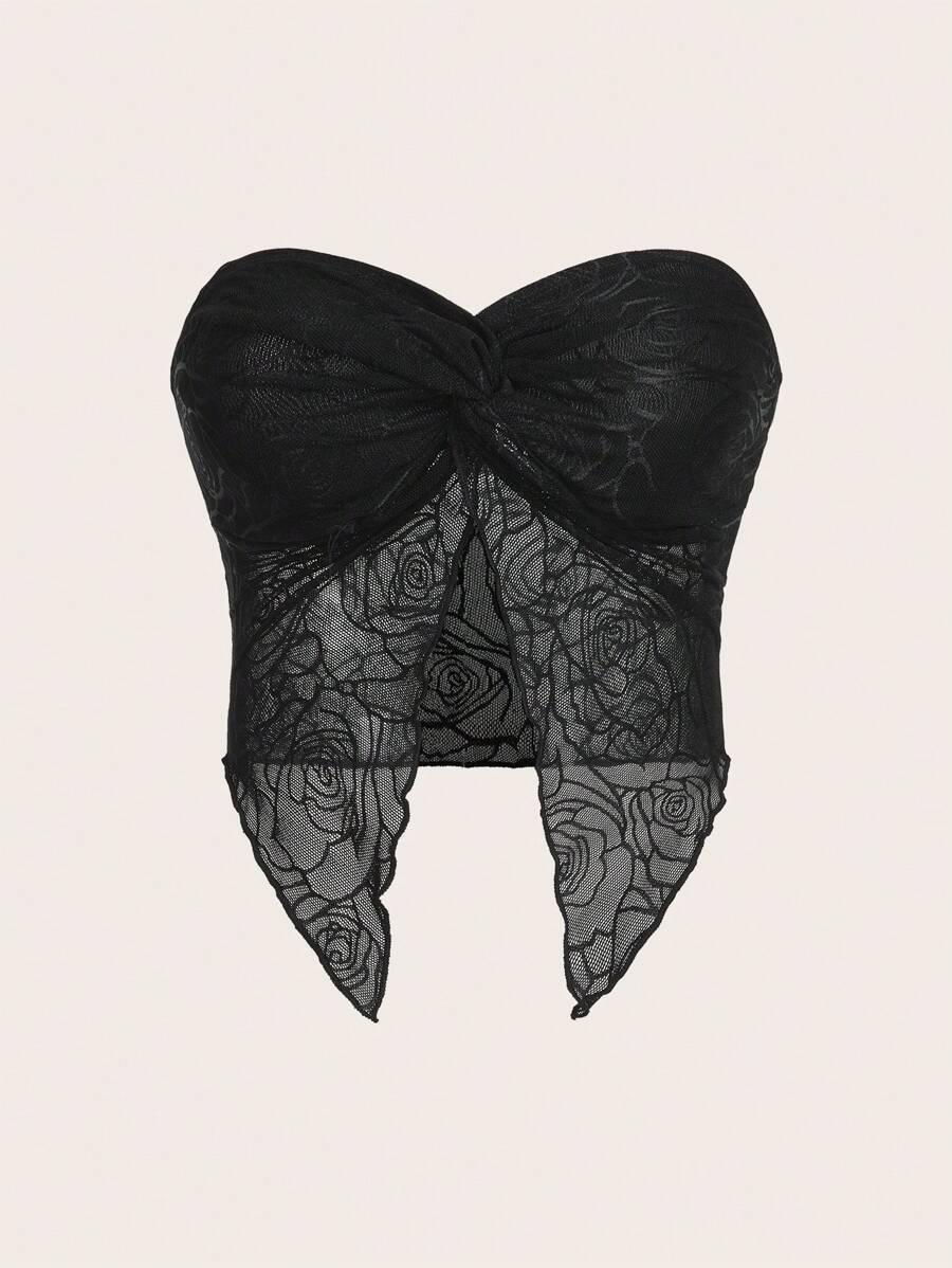 SHEIN ICON Spring  Twist Front Split Hem Tube Black Top - Black - View 1