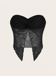 SHEIN ICON Spring  Twist Front Split Hem Tube Black Top - Black - View 2