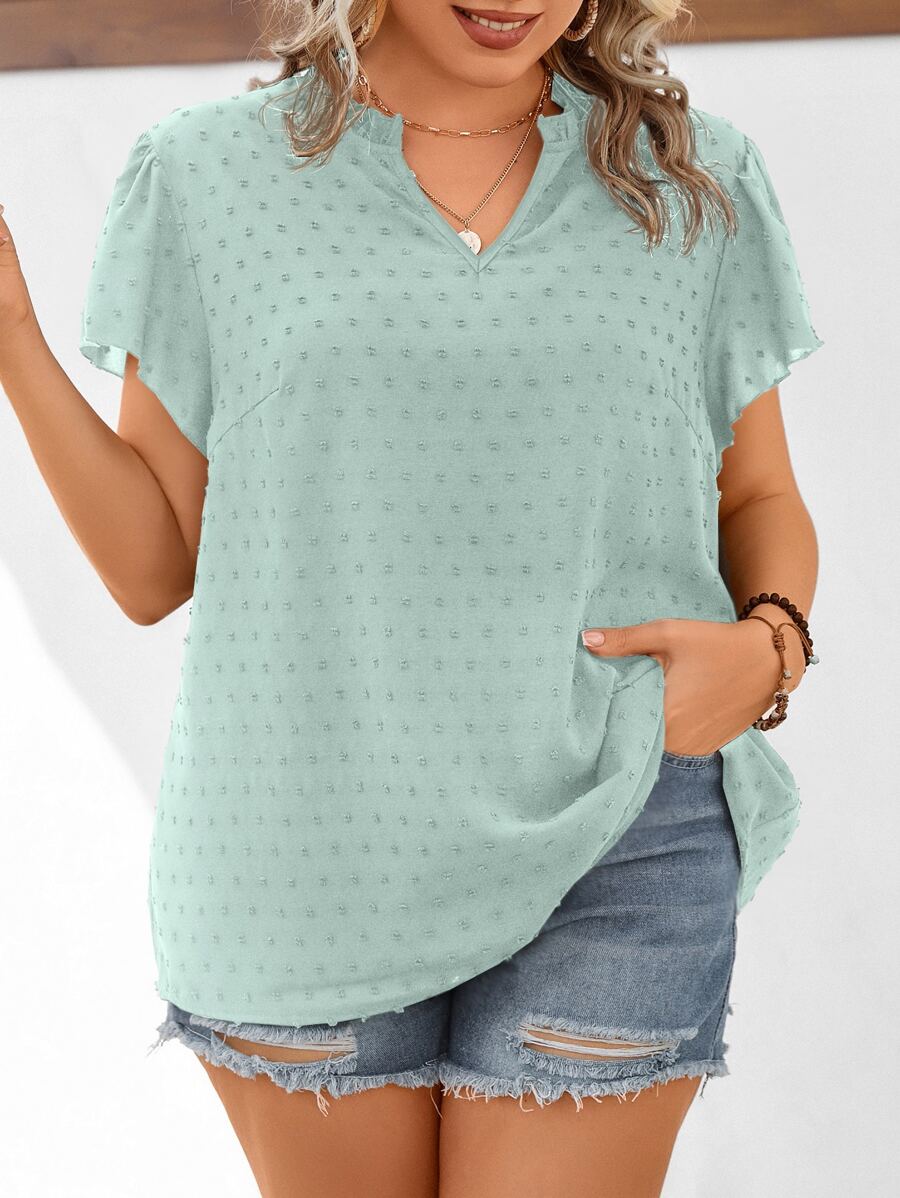 SHEIN LUNE Áo sơ mi Plus Size viền lá sen màu trơn Giải trí - màu xanh lá - Xem 1