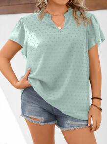 SHEIN LUNE Áo sơ mi Plus Size viền lá sen màu trơn Giải trí - màu xanh lá - Xem 3