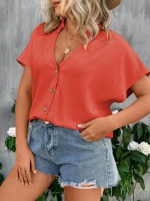 SHEIN LUNE Plus Solid Button Front Blouse - Burnt Orange - View 3